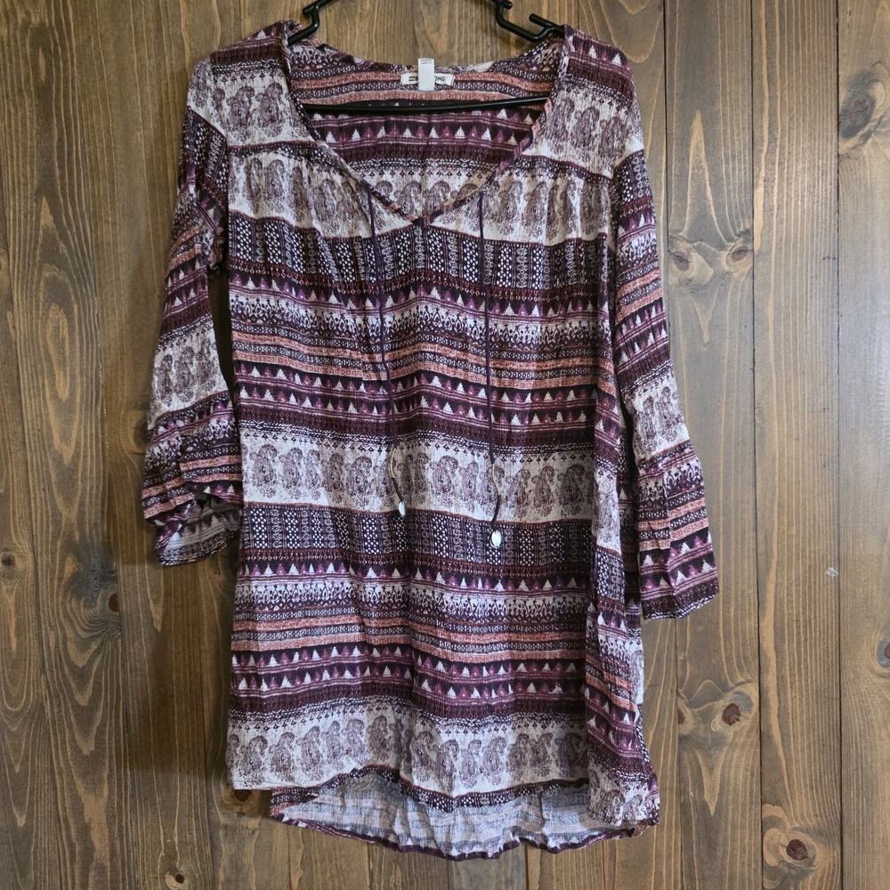 Billabong Burgundy and Cream Printed Peasant Tunic